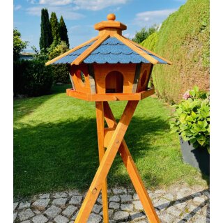 DARLUX Vogel Futter Haus XL Sechseck Holz Vogelhaus + Ständer Braun/ Blau Garten Vogelfutterhaus Wetterfest
