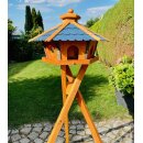 DARLUX Vogel Futter Haus XL Sechseck Holz Vogelhaus + Ständer Braun/ Blau Garten Vogelfutterhaus Wetterfest