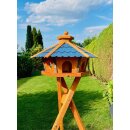 DARLUX Vogel Futter Haus XL Sechseck Holz Vogelhaus + Ständer Braun/ Blau Garten Vogelfutterhaus Wetterfest