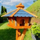 DARLUX Vogel Futter Haus XL Sechseck Holz Vogelhaus + Ständer Braun/ Blau Garten Vogelfutterhaus Wetterfest