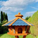 DARLUX Vogel Futter Haus XL Sechseck Holz Vogelhaus + Ständer Braun/ Blau Garten Vogelfutterhaus Wetterfest