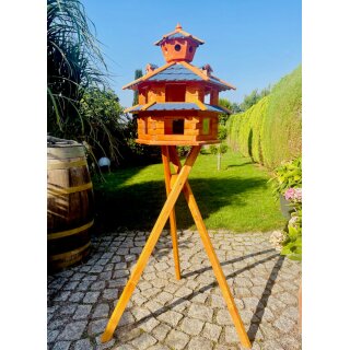 DARLUX Vogelvilla XXL Sechseck Doppelstock Vogelhaus + Ständer Braun/ Blau Garten Vogelfutterhaus Wetterfest