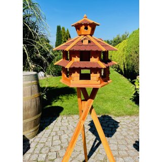 DARLUX Vogelvilla XXL Sechseck Doppelstock Vogelhaus + Ständer Braun/ Rot Garten Vogelfutterhaus Wetterfest