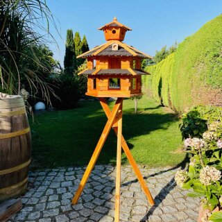 DARLUX Vogelvilla XXL Sechseck Doppelstock Vogelhaus + Ständer Braun/ Schwarz Garten Vogelfutterhaus Wetterfes