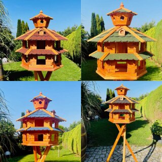 DARLUX Vogelvilla XXL Sechseck Doppelstock Vogelhaus Braun/Rot/Grün/Blau/Schwarz