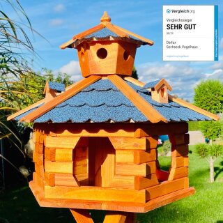 DARLUX Vogel Futter Haus XXL Futterstelle Sechseck Holz Vogelhaus Braun/ Blau Garten Vogelfutterhaus Wetterfest