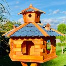 DARLUX Vogel Futter Haus XXL Futterstelle Sechseck Holz Vogelhaus Braun/ Blau Garten Vogelfutterhaus Wetterfest