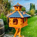 DARLUX Vogel Futter Haus XXL Futterstelle Sechseck Holz Vogelhaus Braun/ Blau Garten Vogelfutterhaus Wetterfest
