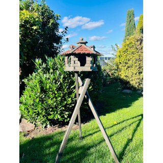 DARLUX Vogel Futter Haus L Futterstelle Sechseck Vogelhaus+ Ständer Braun/ Rot Vogelfutterhaus Wetterfest
