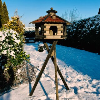 DARLUX Vogelfutterhaus XL Sechseck Vogelhaus + Ständer Futterstelle Braun/ Rot Garten Vogelfutterhaus Wetterfest