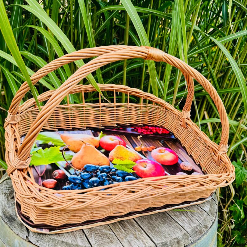 Weidentablett Gartenfrüchtel mit Griff Servier Tablettkorb mit Motiv, 29,95 €