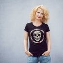 BANKROTT Design Damen T-Shirt SUMMER - Totenkopf mit Blumen - gold auf schwarz